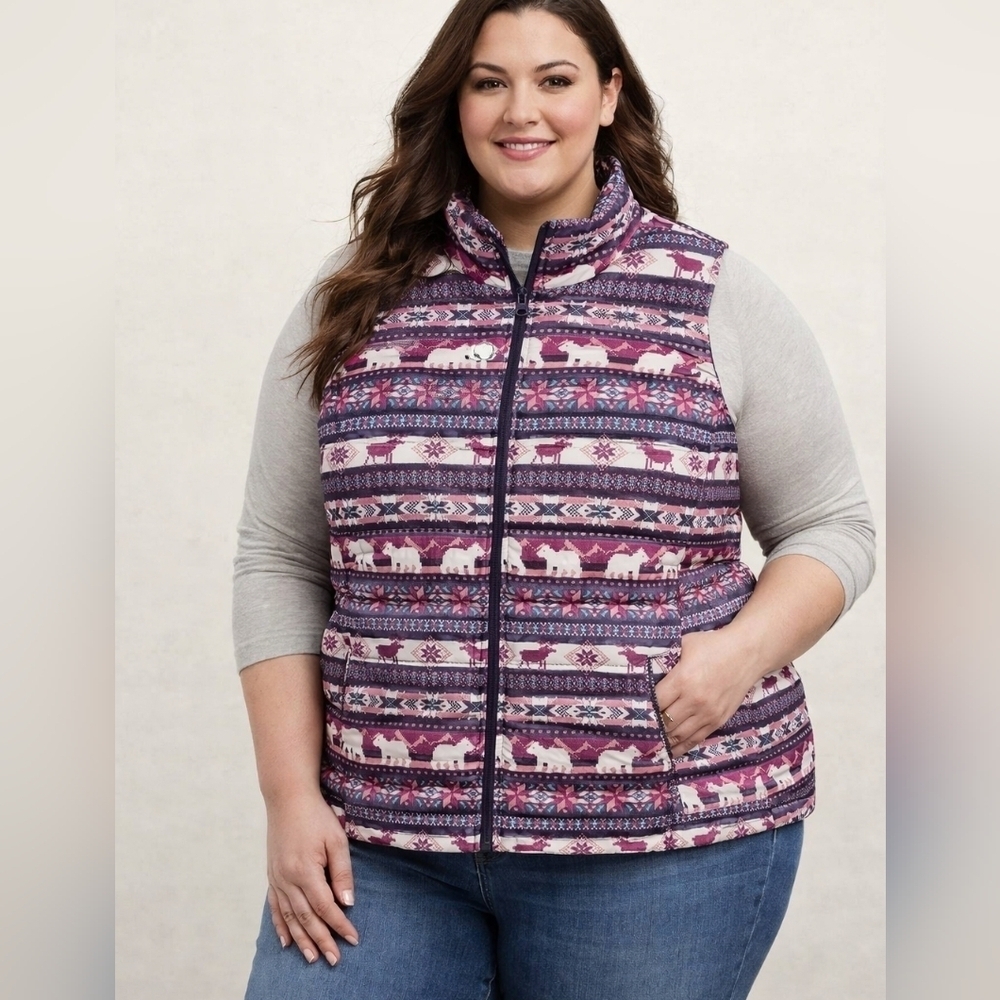 Lands' End Down Puffer Vest Womens 2X Fair Isle Bear Moose Multicolor CJ-1821